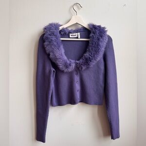 Weekday Cropped Lavender Cardigan with Faux Fur Trim Y2K